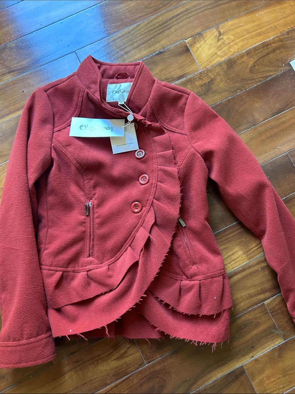 Oleg Cassini Red Ruffle-Trim Wool-Blend Blazer